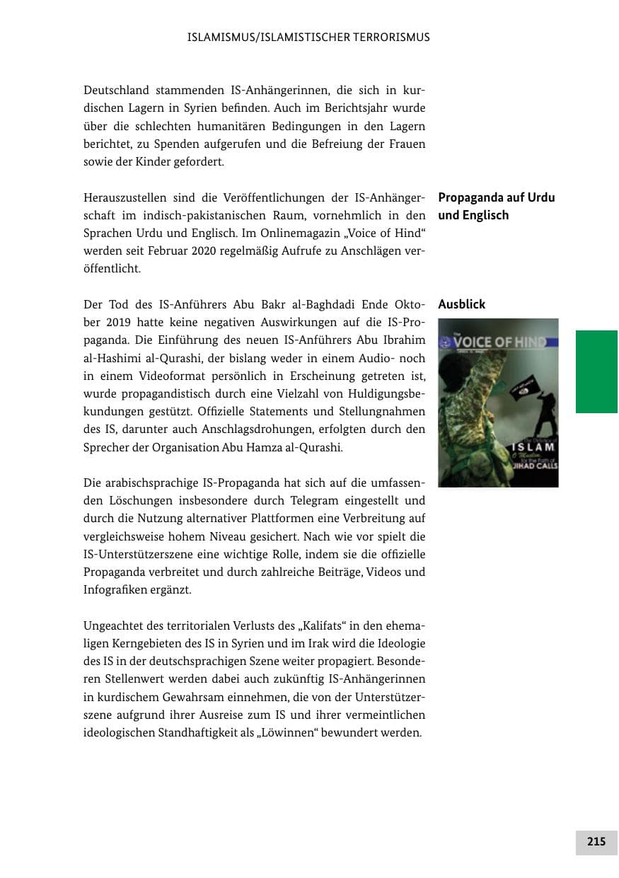 Seite 215 des Verfassungsschutzbericht 2020 Bund