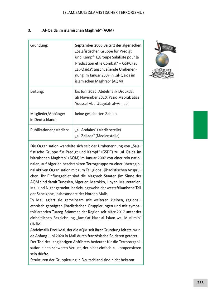 Seite 233 des Verfassungsschutzbericht 2020 Bund