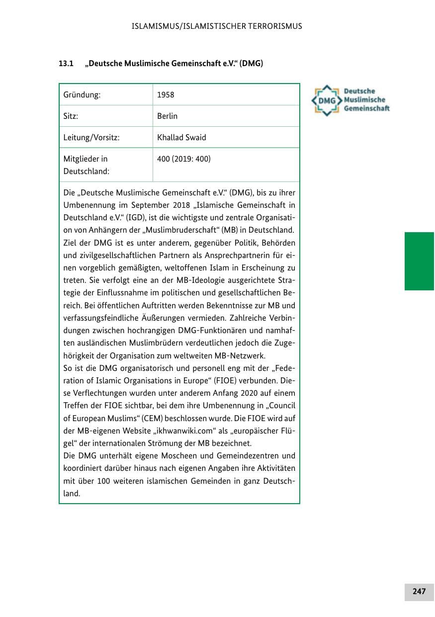 Seite 247 des Verfassungsschutzbericht 2020 Bund