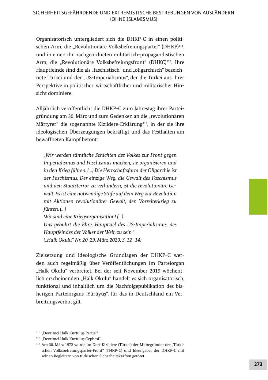 Seite 273 des Verfassungsschutzbericht 2020 Bund