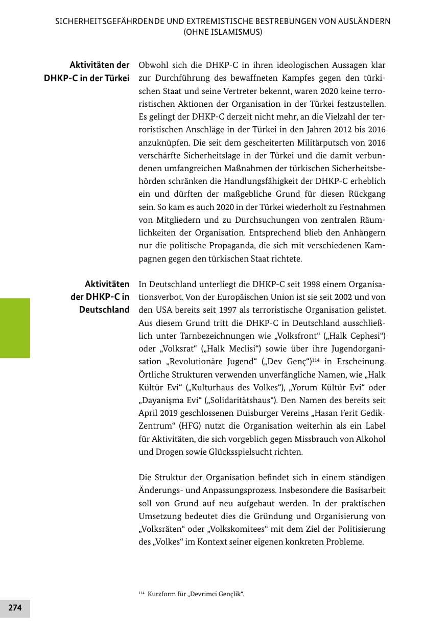 Seite 274 des Verfassungsschutzbericht 2020 Bund