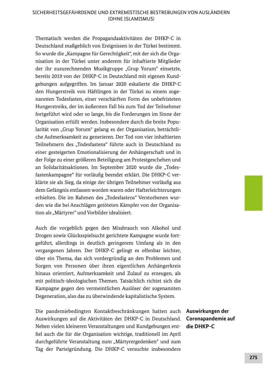 Seite 275 des Verfassungsschutzbericht 2020 Bund