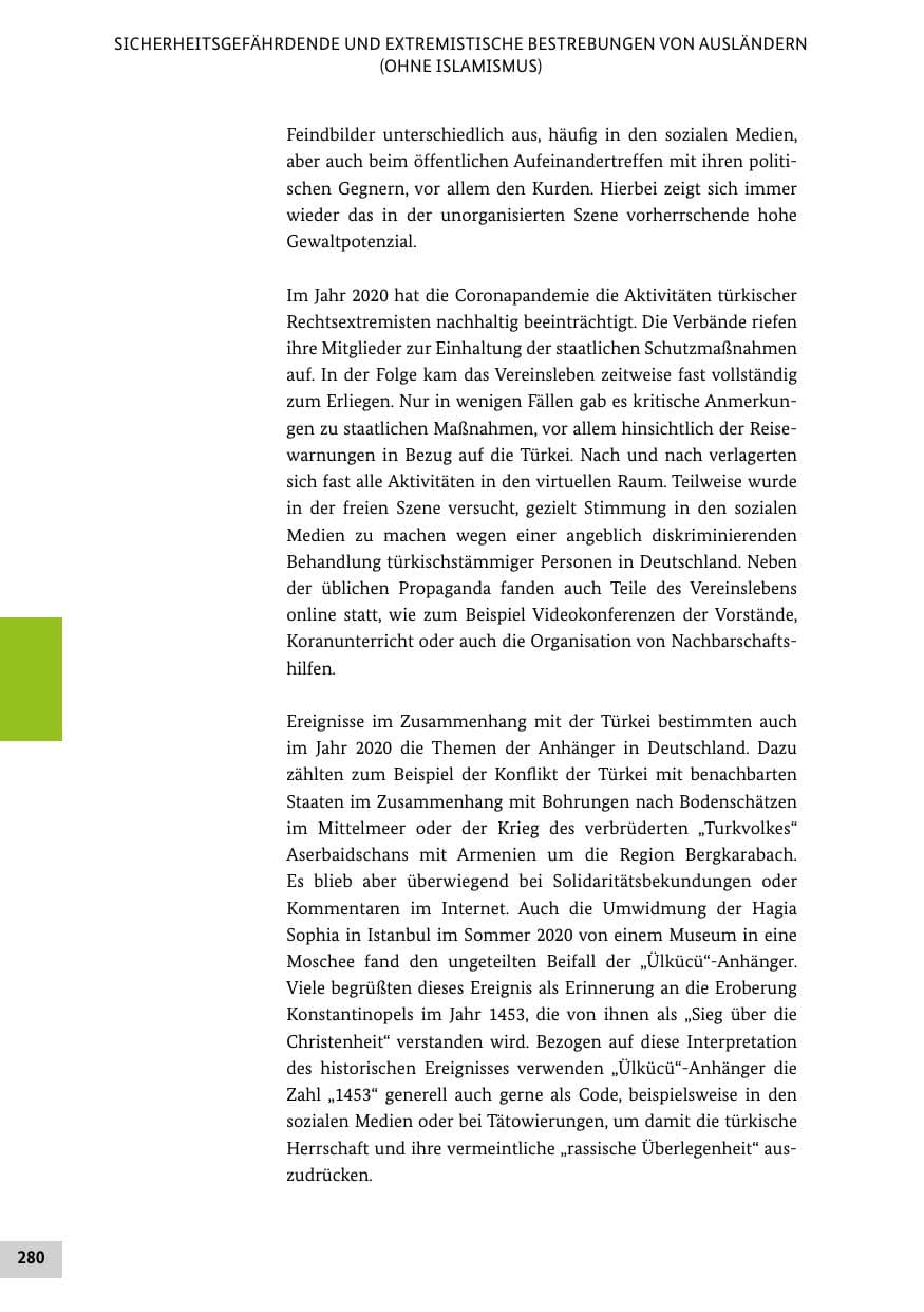 Seite 280 des Verfassungsschutzbericht 2020 Bund