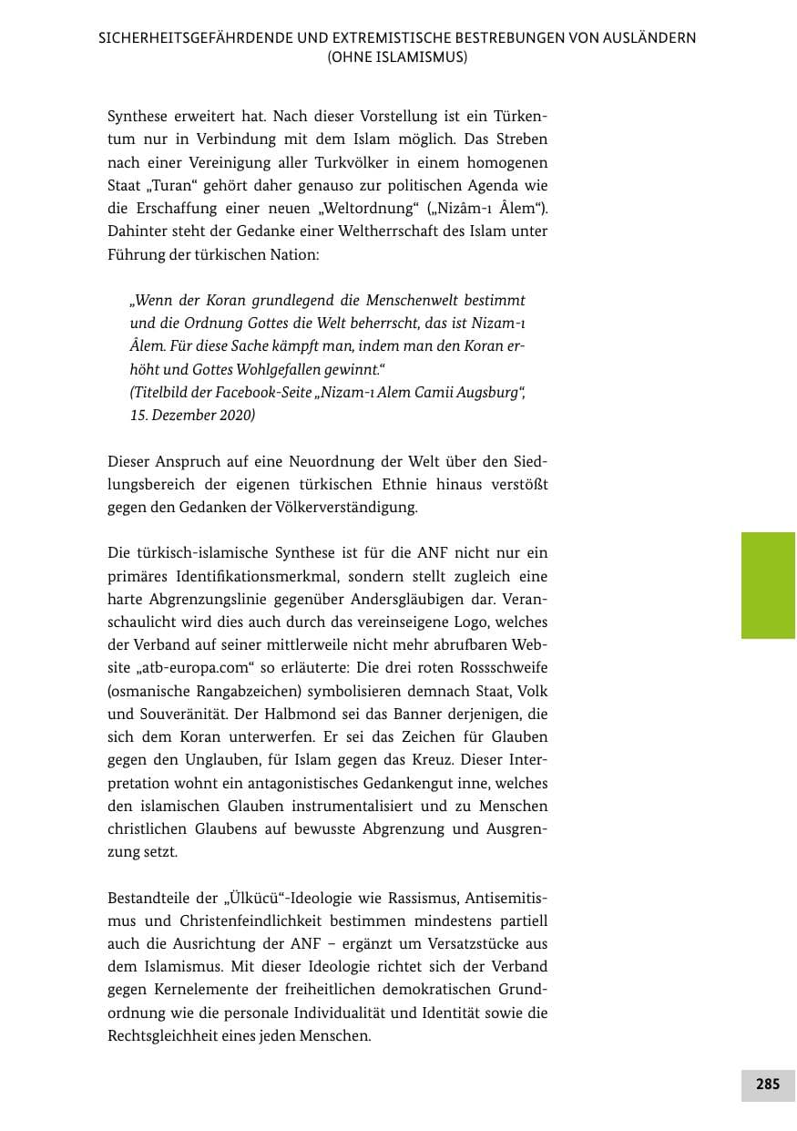 Seite 285 des Verfassungsschutzbericht 2020 Bund