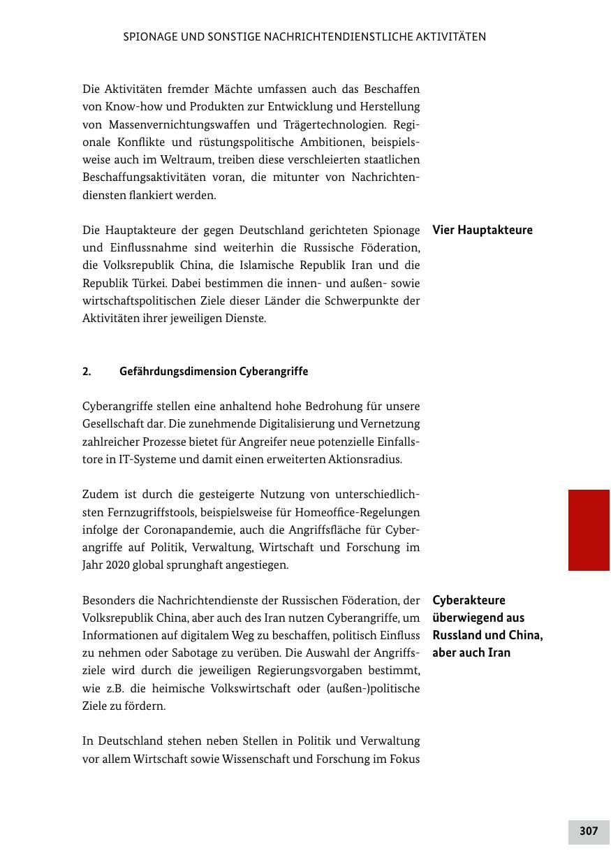 Seite 307 des Verfassungsschutzbericht 2020 Bund