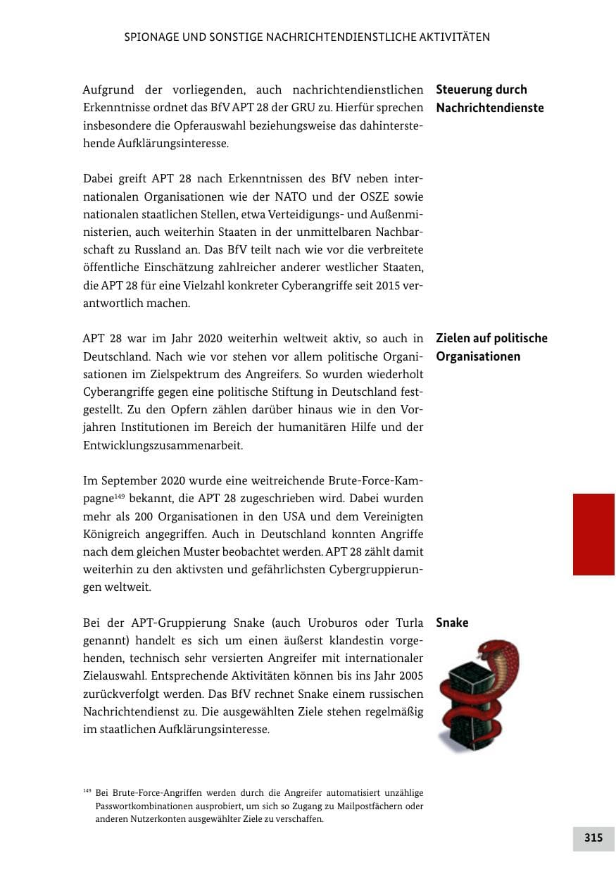 Seite 315 des Verfassungsschutzbericht 2020 Bund