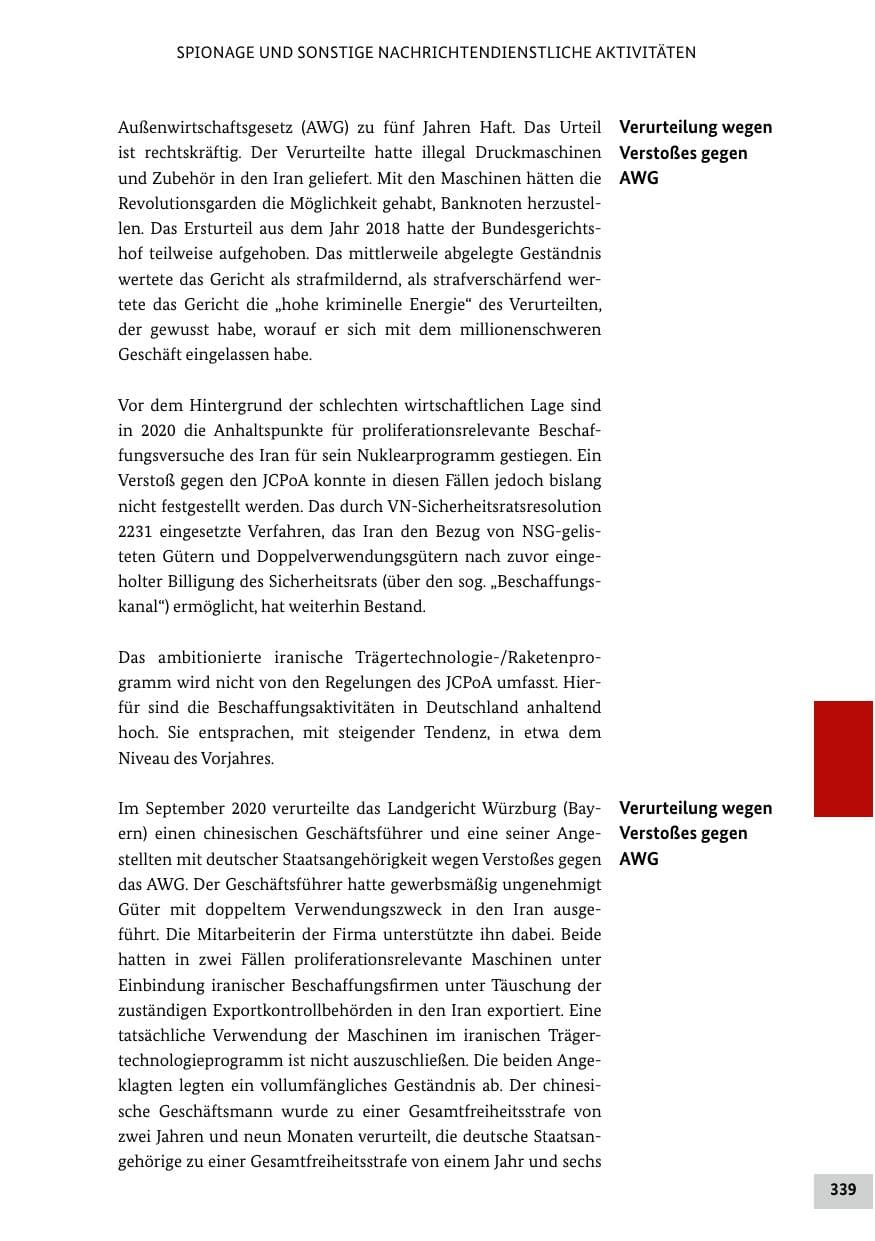 Seite 339 des Verfassungsschutzbericht 2020 Bund
