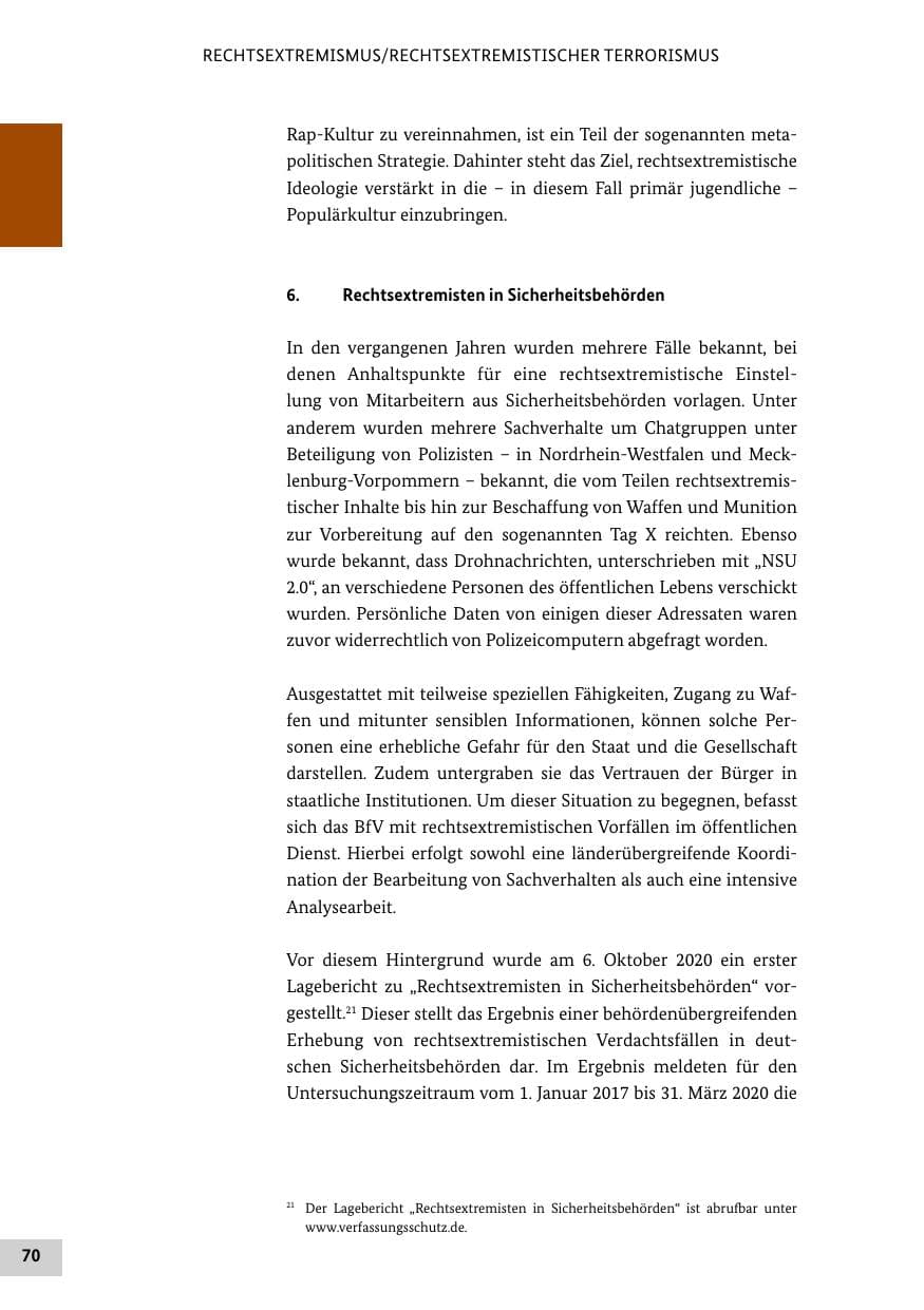Seite 70 des Verfassungsschutzbericht 2020 Bund