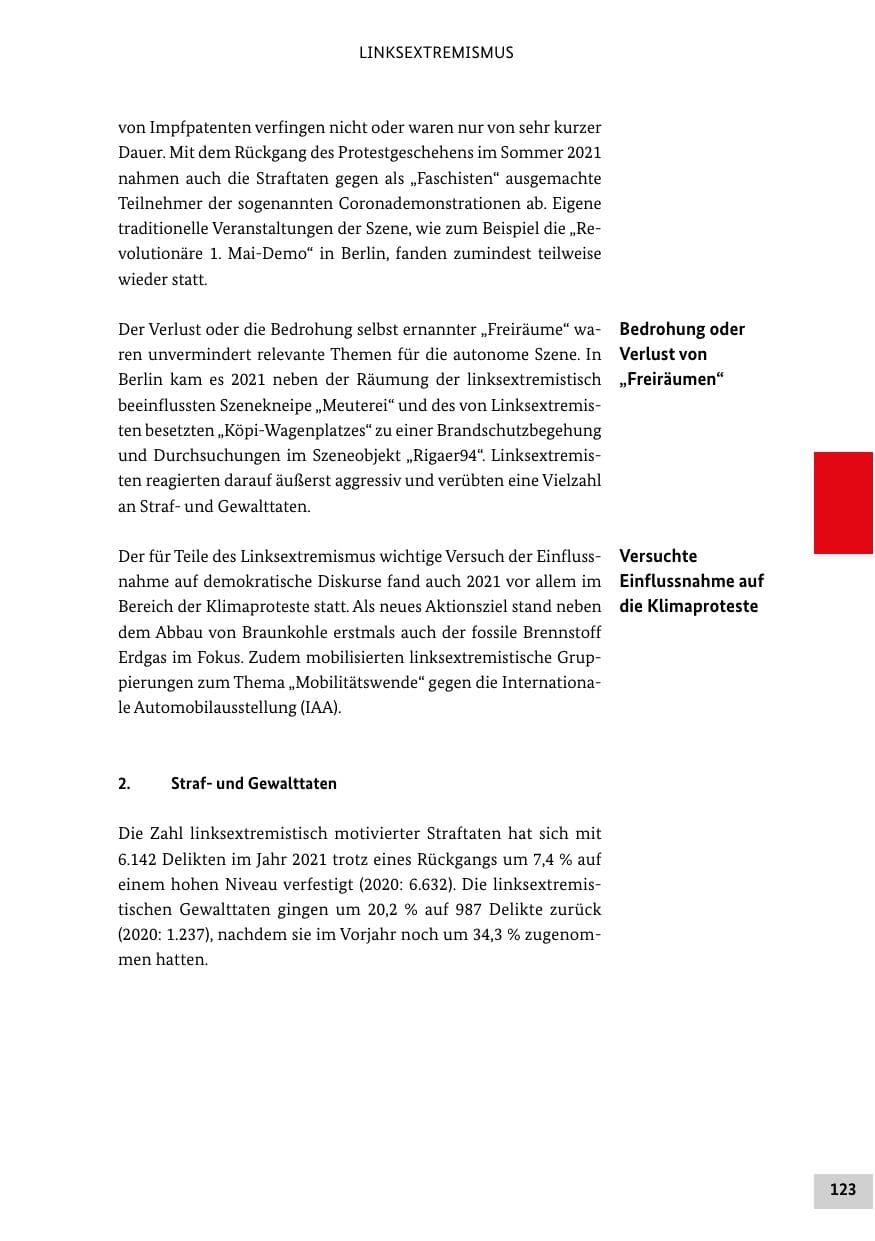 Seite 123 des Verfassungsschutzbericht 2021 Bund