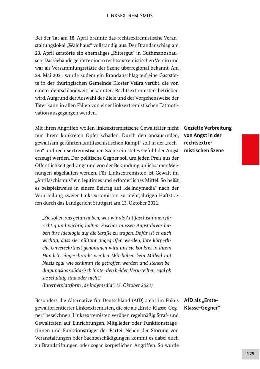 Seite 129 des Verfassungsschutzbericht 2021 Bund