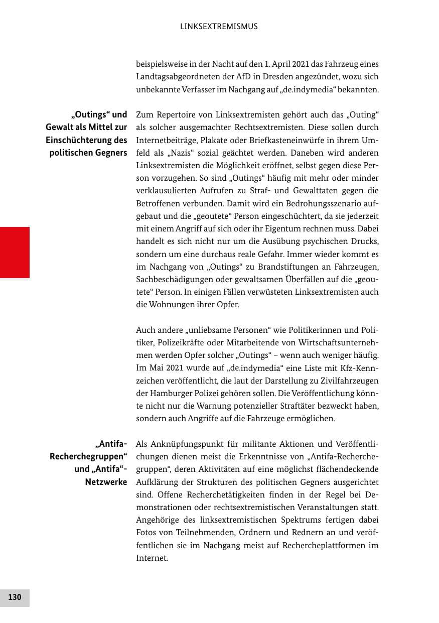 Seite 130 des Verfassungsschutzbericht 2021 Bund