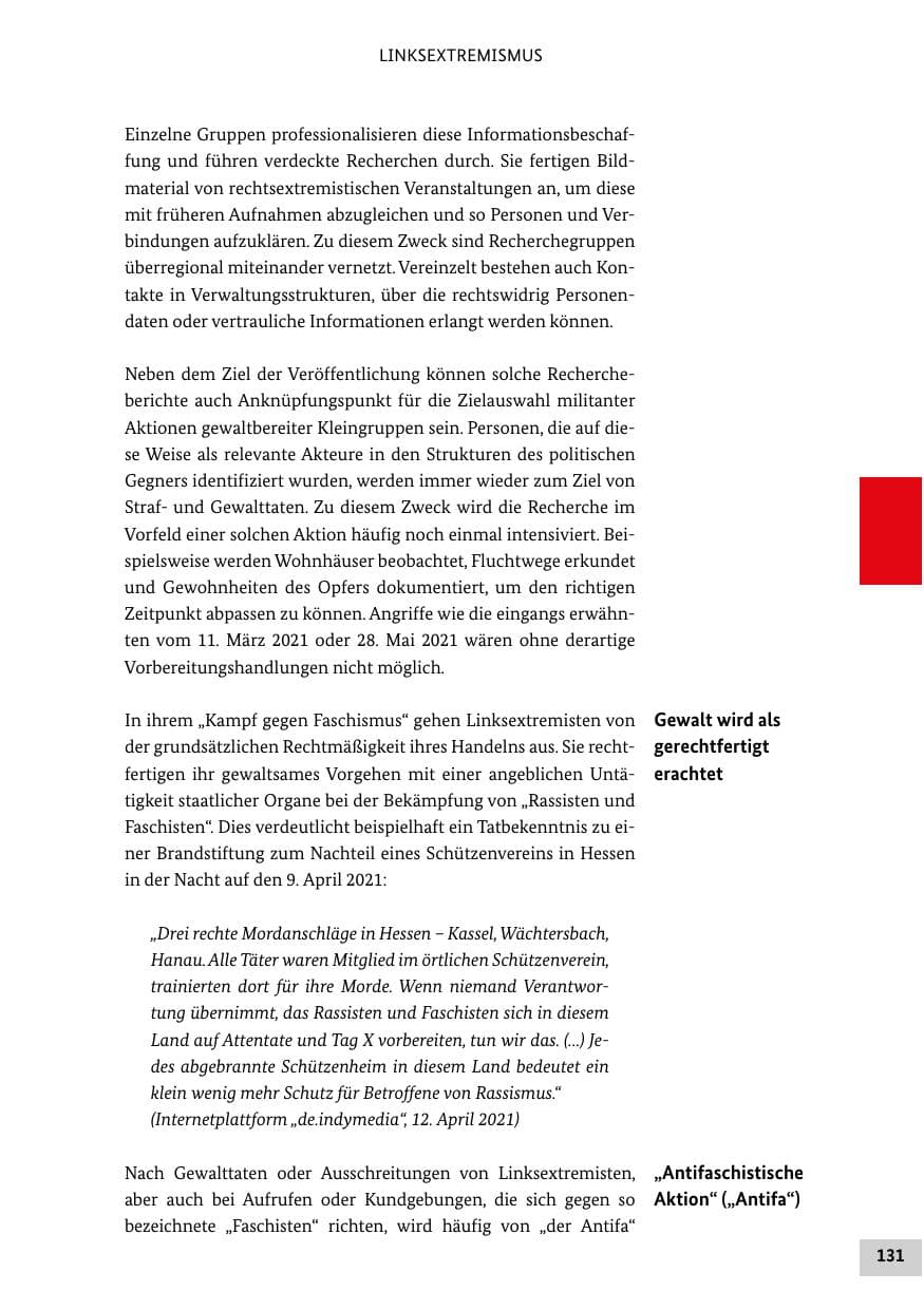 Seite 131 des Verfassungsschutzbericht 2021 Bund