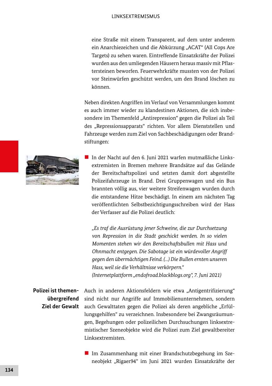 Seite 134 des Verfassungsschutzbericht 2021 Bund
