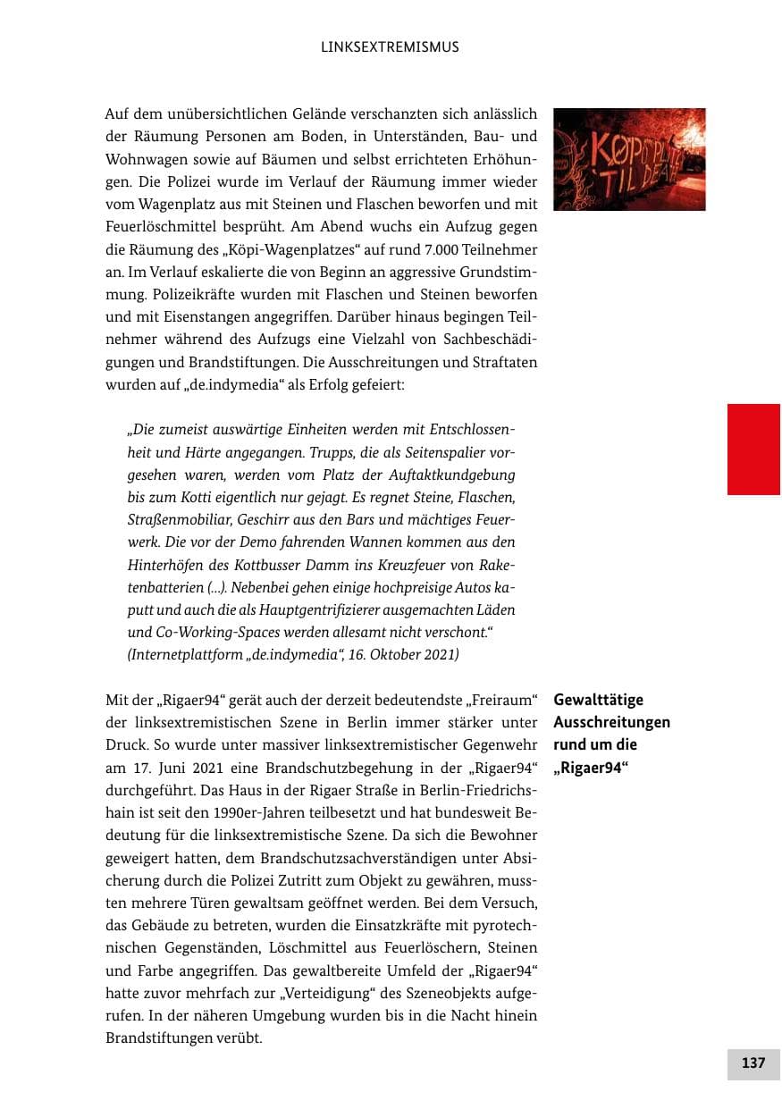 Seite 137 des Verfassungsschutzbericht 2021 Bund