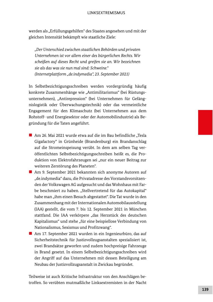 Seite 139 des Verfassungsschutzbericht 2021 Bund