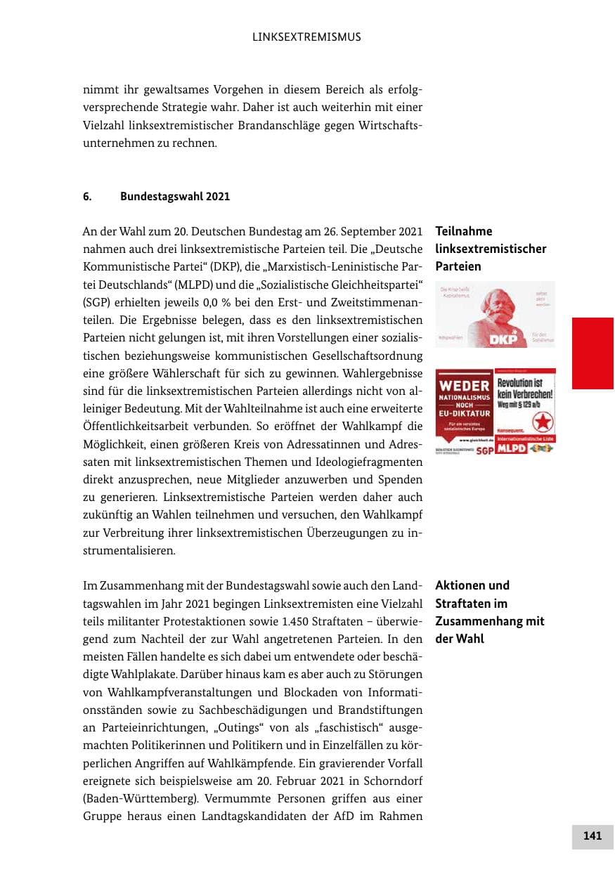 Seite 141 des Verfassungsschutzbericht 2021 Bund