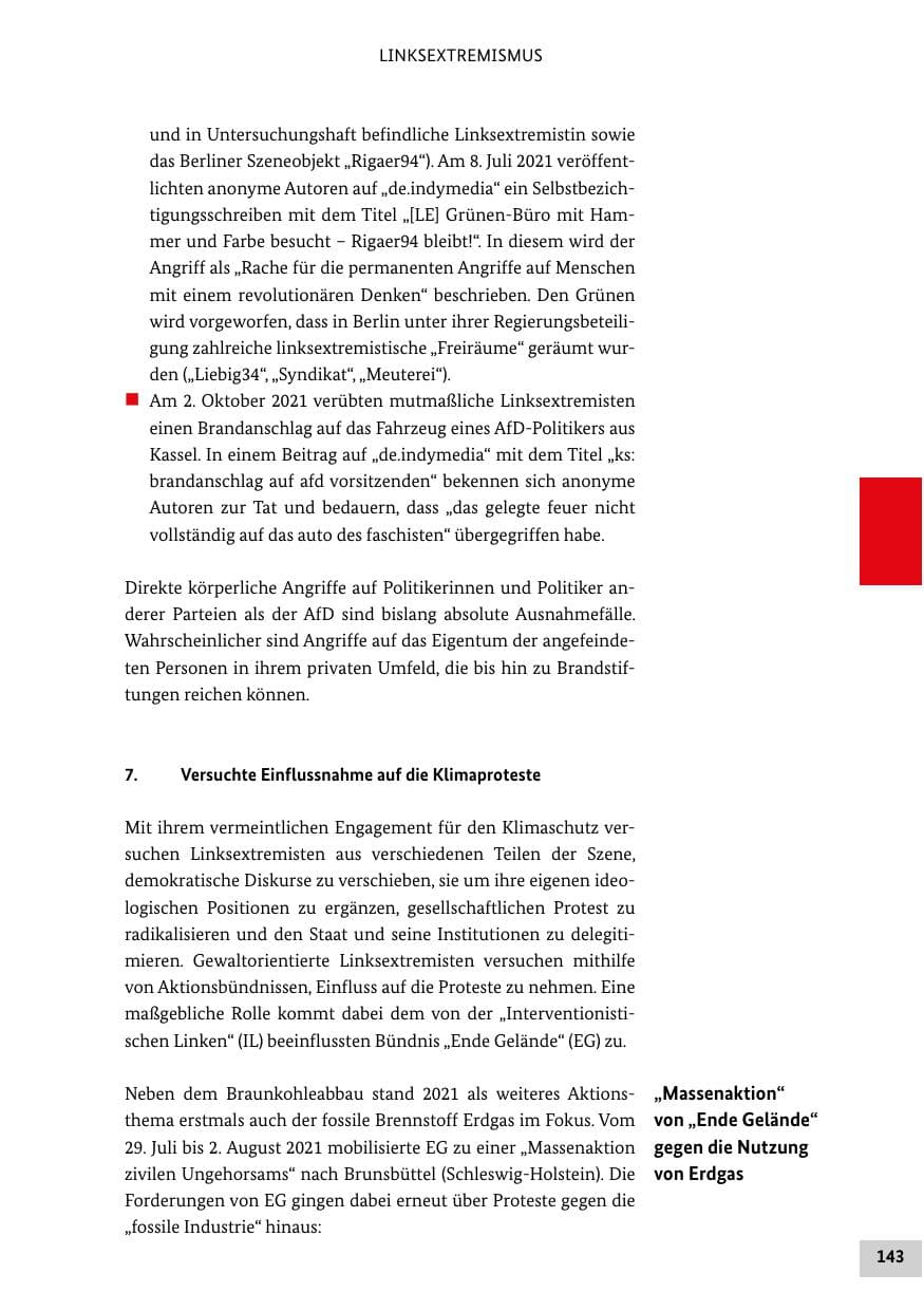 Seite 143 des Verfassungsschutzbericht 2021 Bund