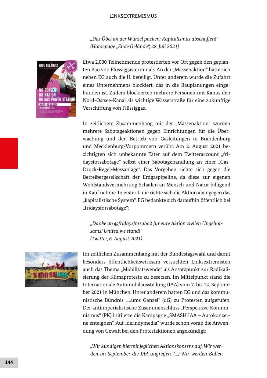 Seite 144 des Verfassungsschutzbericht 2021 Bund