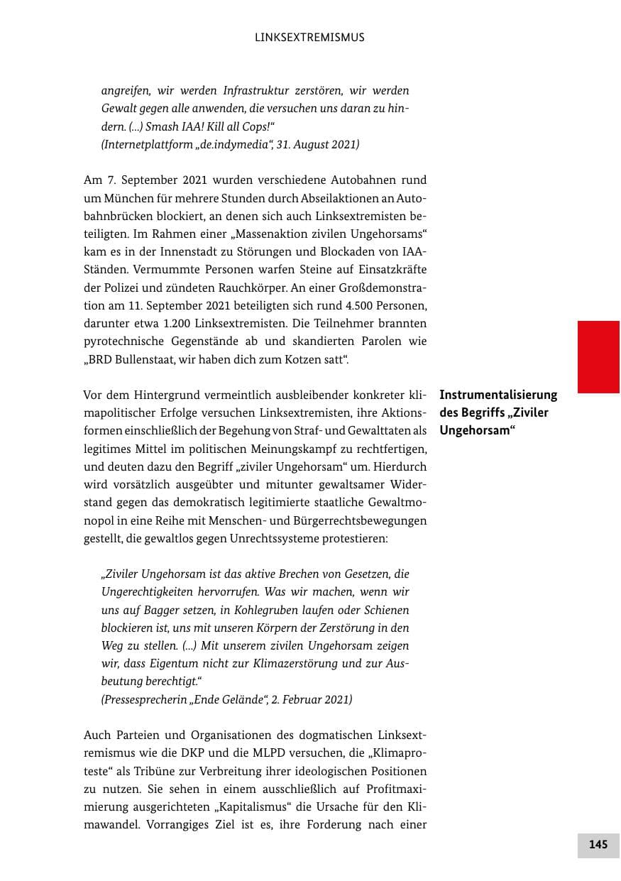 Seite 145 des Verfassungsschutzbericht 2021 Bund