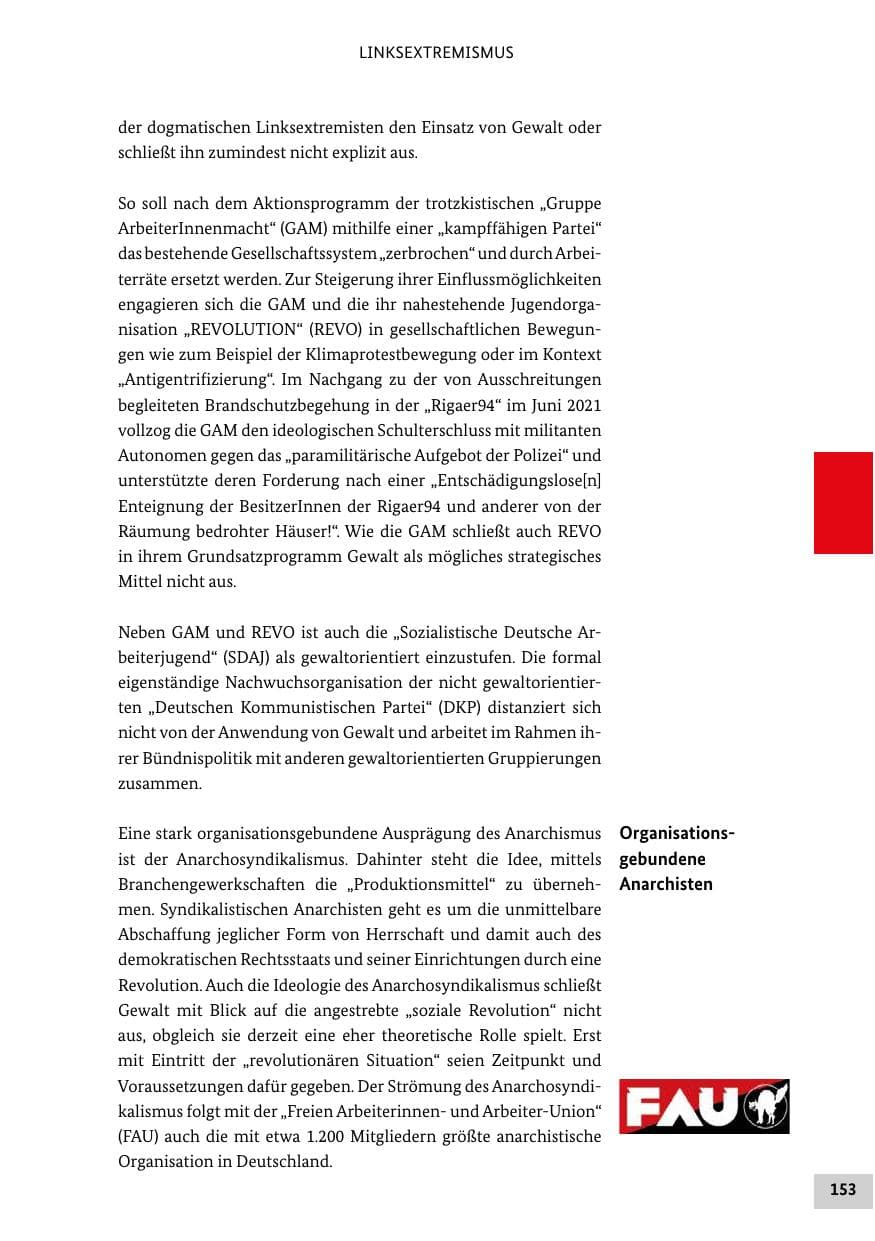 Seite 153 des Verfassungsschutzbericht 2021 Bund