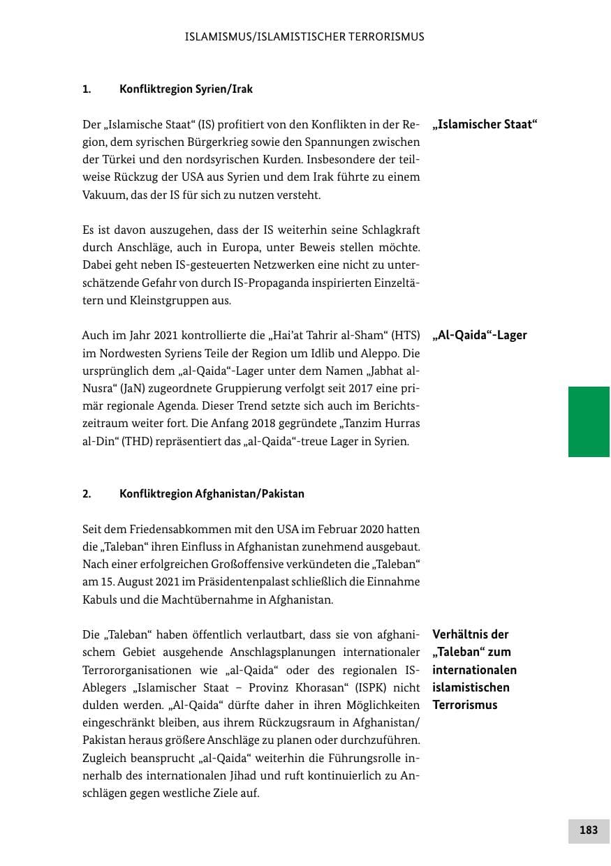 Seite 183 des Verfassungsschutzbericht 2021 Bund