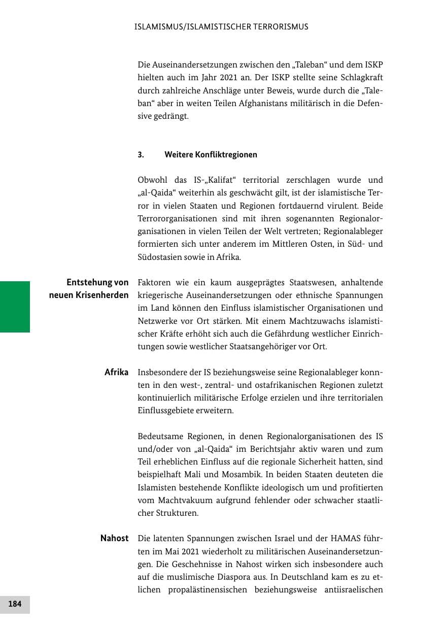 Seite 184 des Verfassungsschutzbericht 2021 Bund