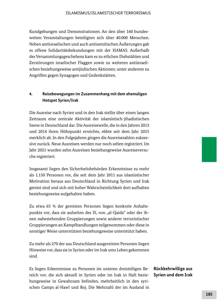 Seite 185 des Verfassungsschutzbericht 2021 Bund
