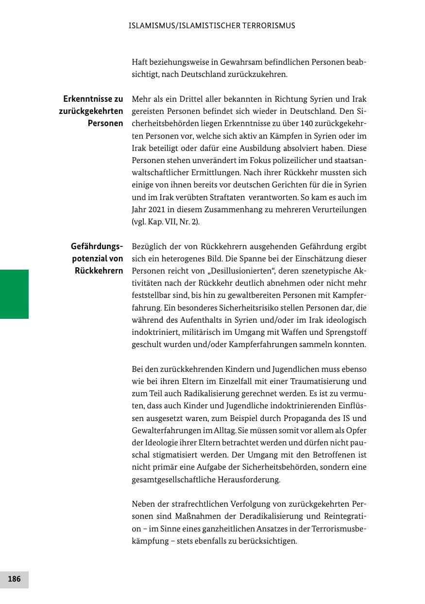 Seite 186 des Verfassungsschutzbericht 2021 Bund