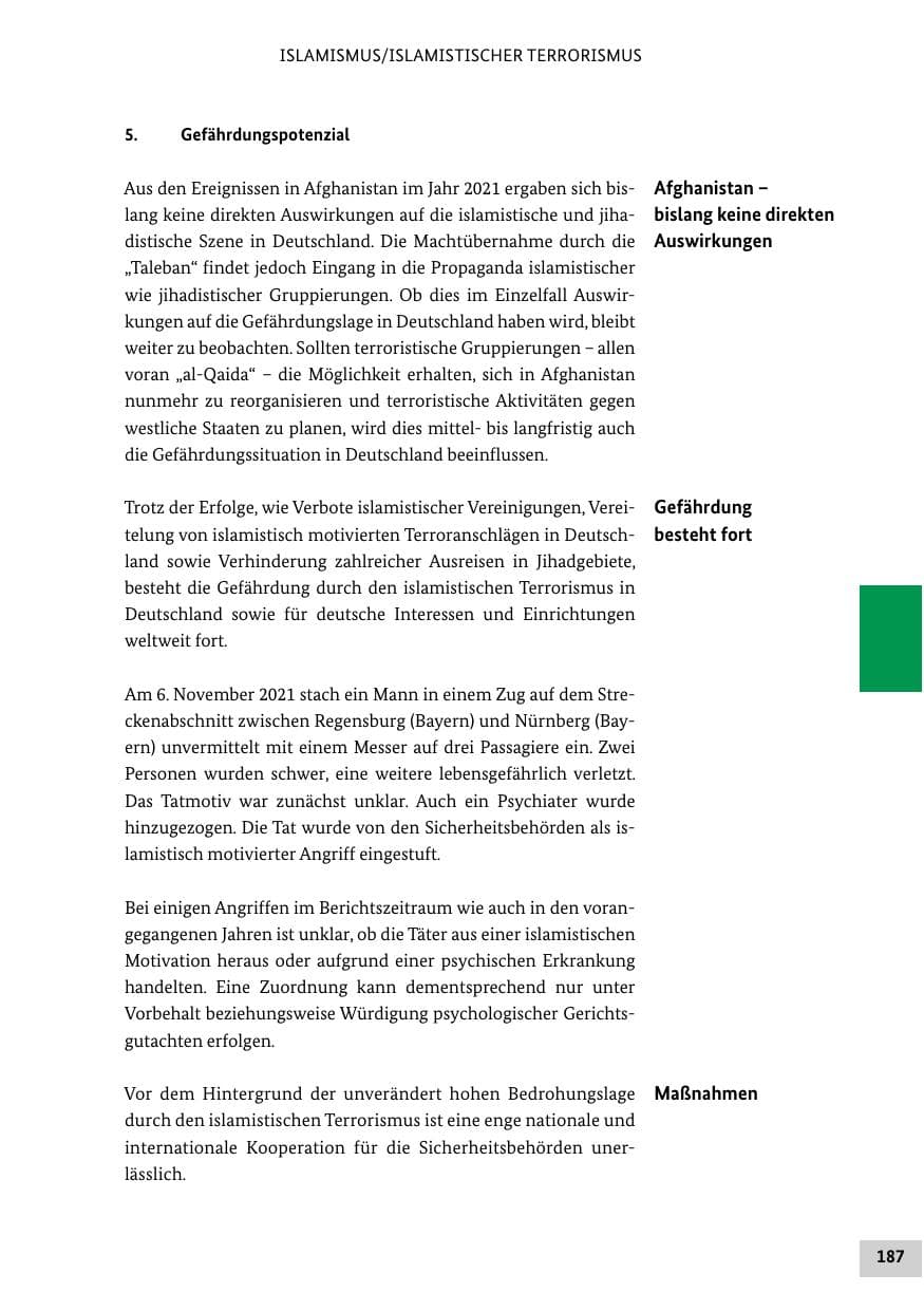 Seite 187 des Verfassungsschutzbericht 2021 Bund