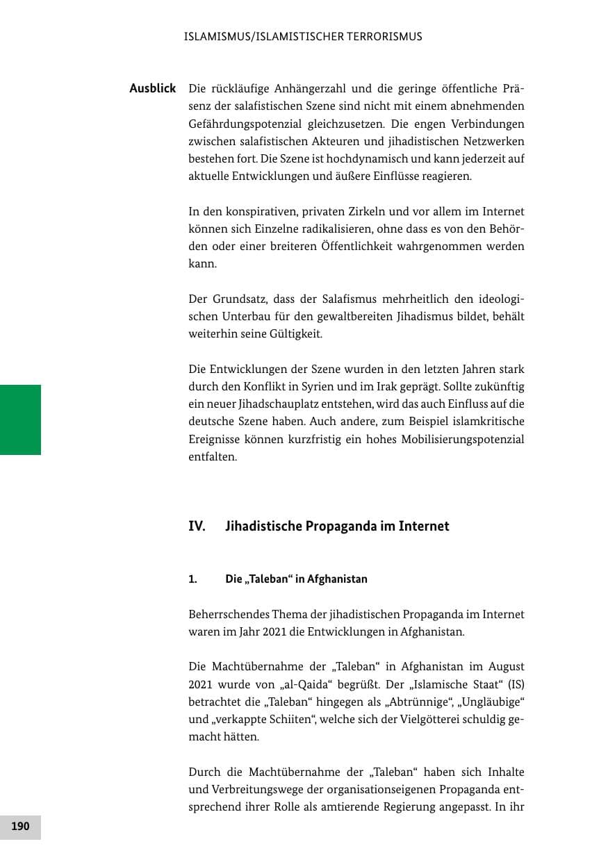 Seite 190 des Verfassungsschutzbericht 2021 Bund