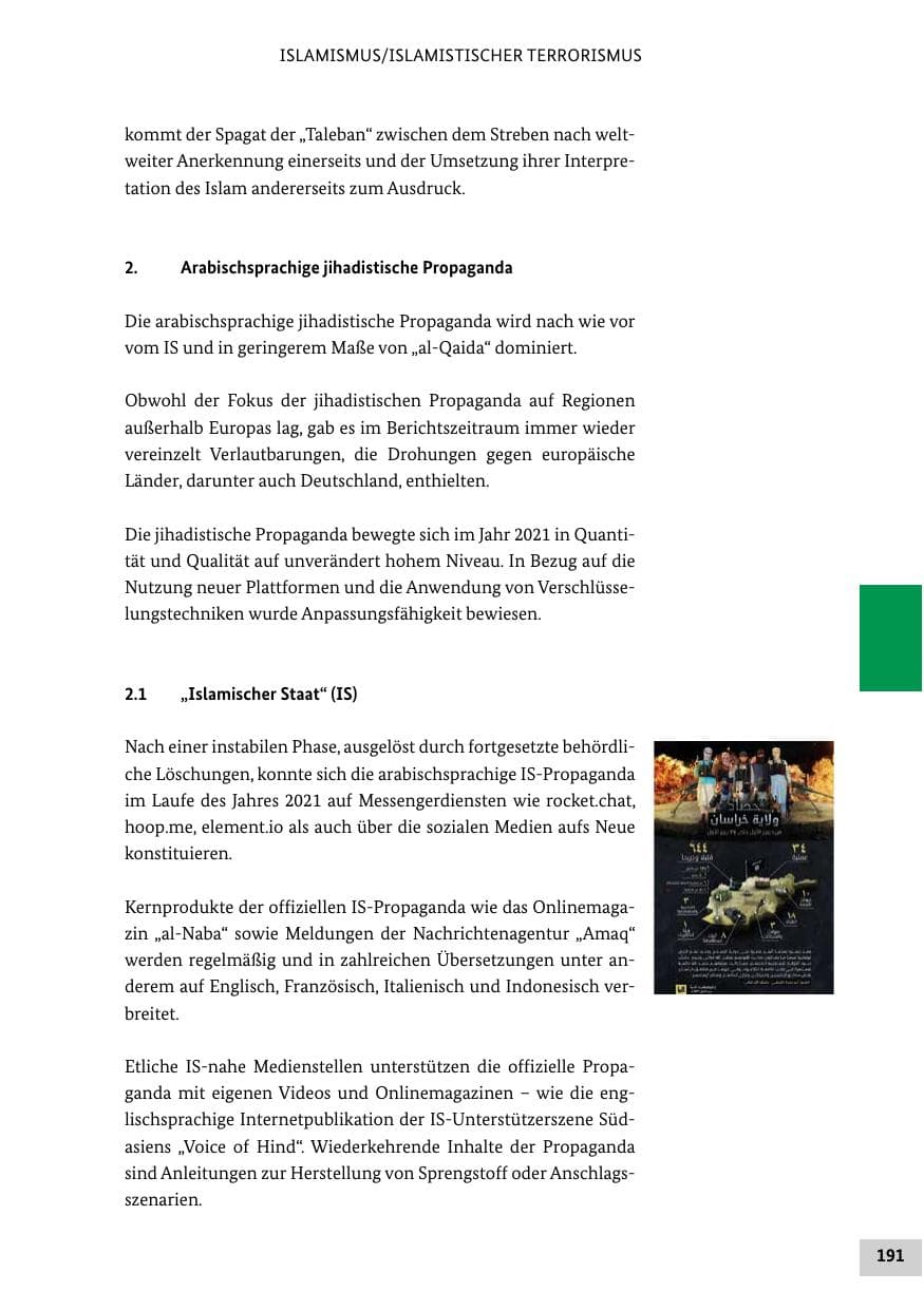 Seite 191 des Verfassungsschutzbericht 2021 Bund