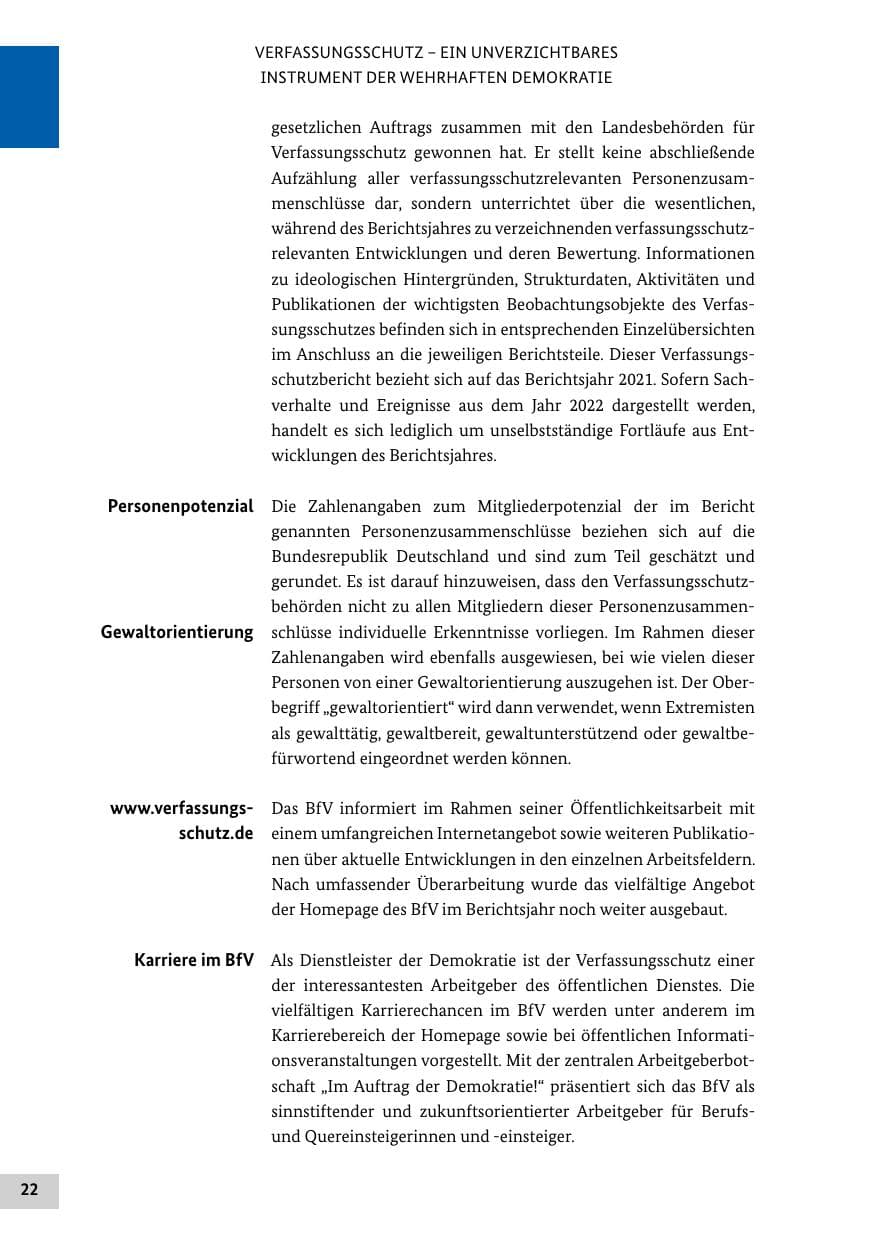 Seite 22 des Verfassungsschutzbericht 2021 Bund