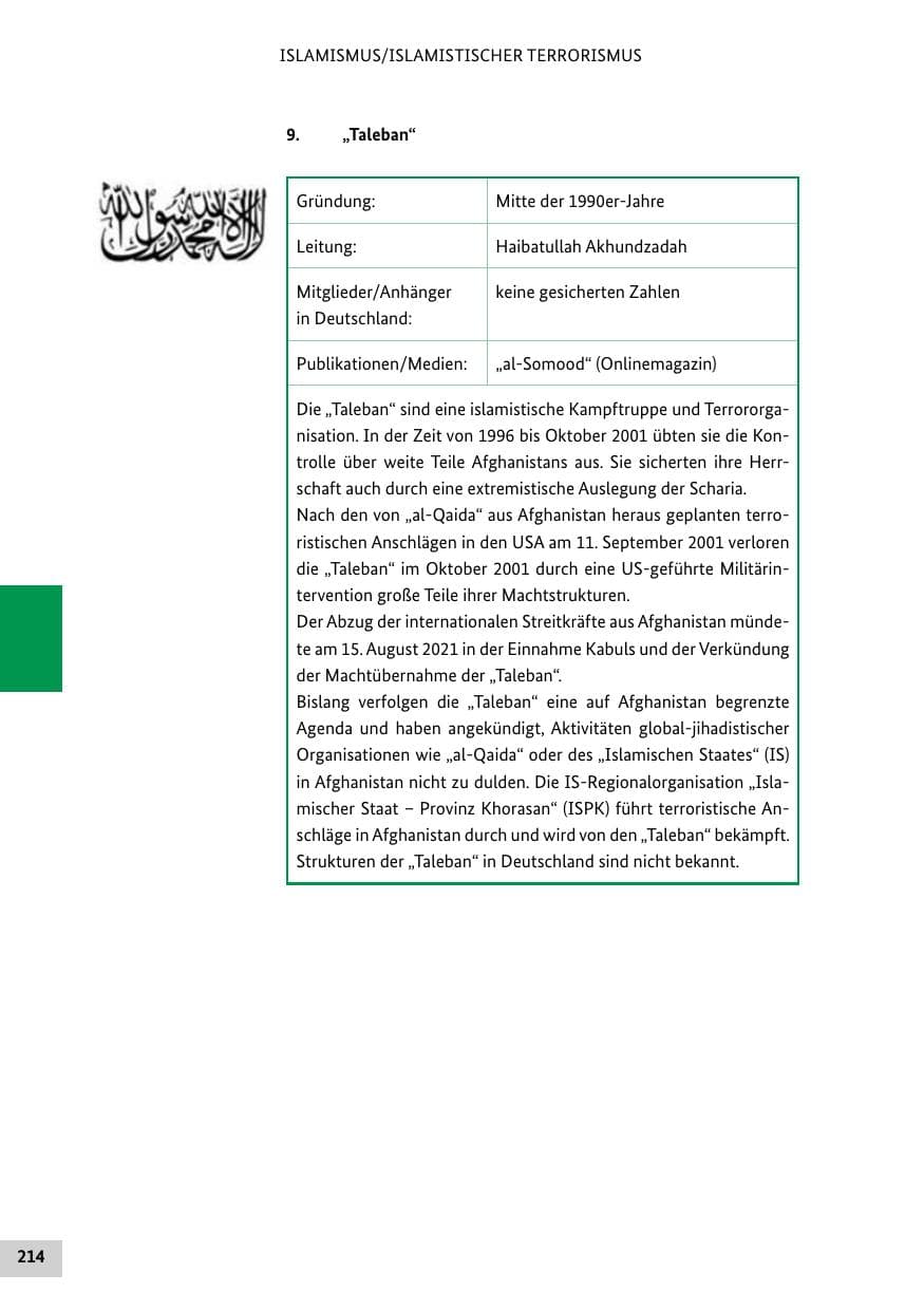 Seite 214 des Verfassungsschutzbericht 2021 Bund