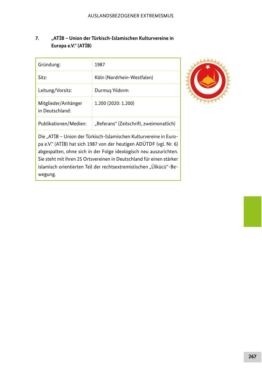 Seite 267 des Verfassungsschutzbericht 2021 Bund