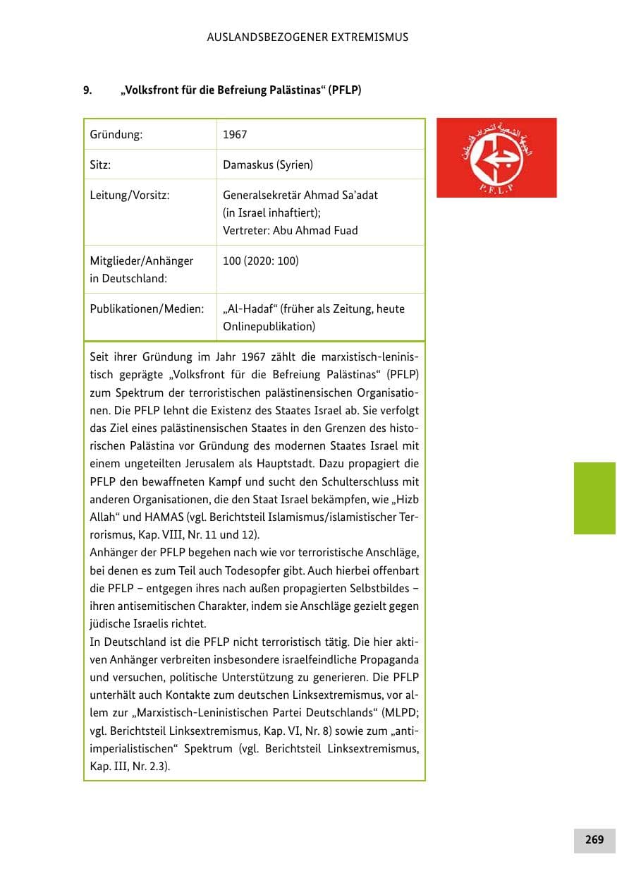 Seite 269 des Verfassungsschutzbericht 2021 Bund