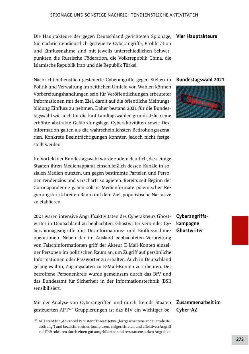 Seite 273 des Verfassungsschutzbericht 2021 Bund