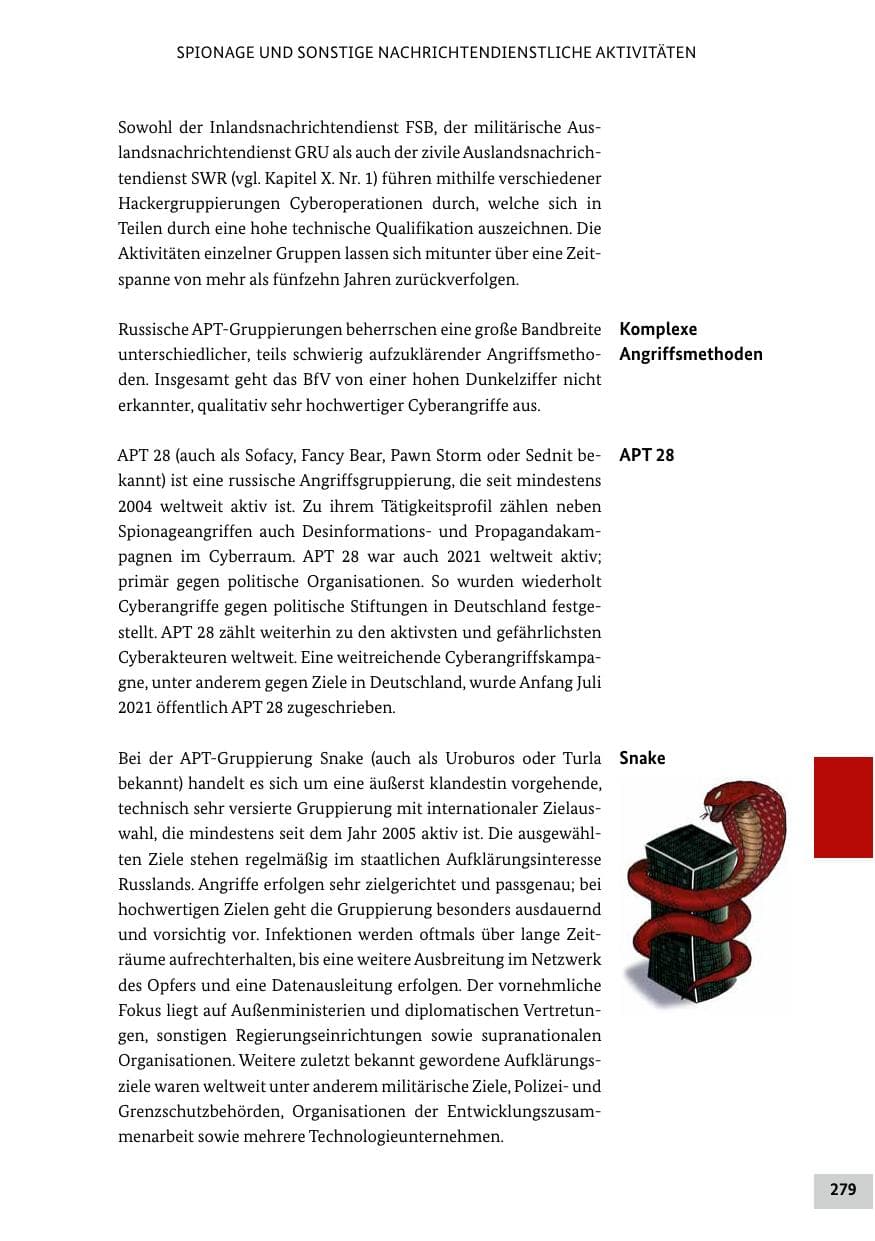Seite 279 des Verfassungsschutzbericht 2021 Bund