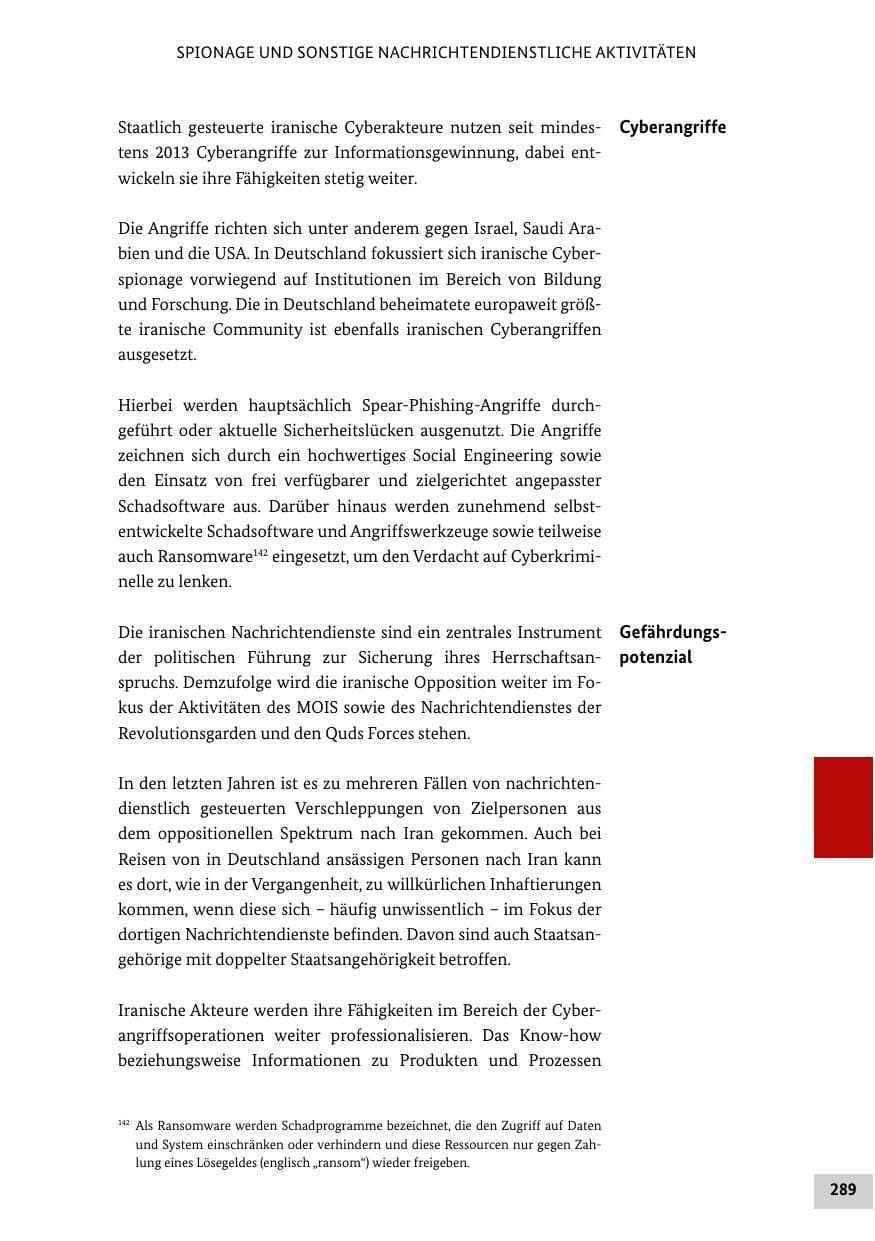 Seite 289 des Verfassungsschutzbericht 2021 Bund