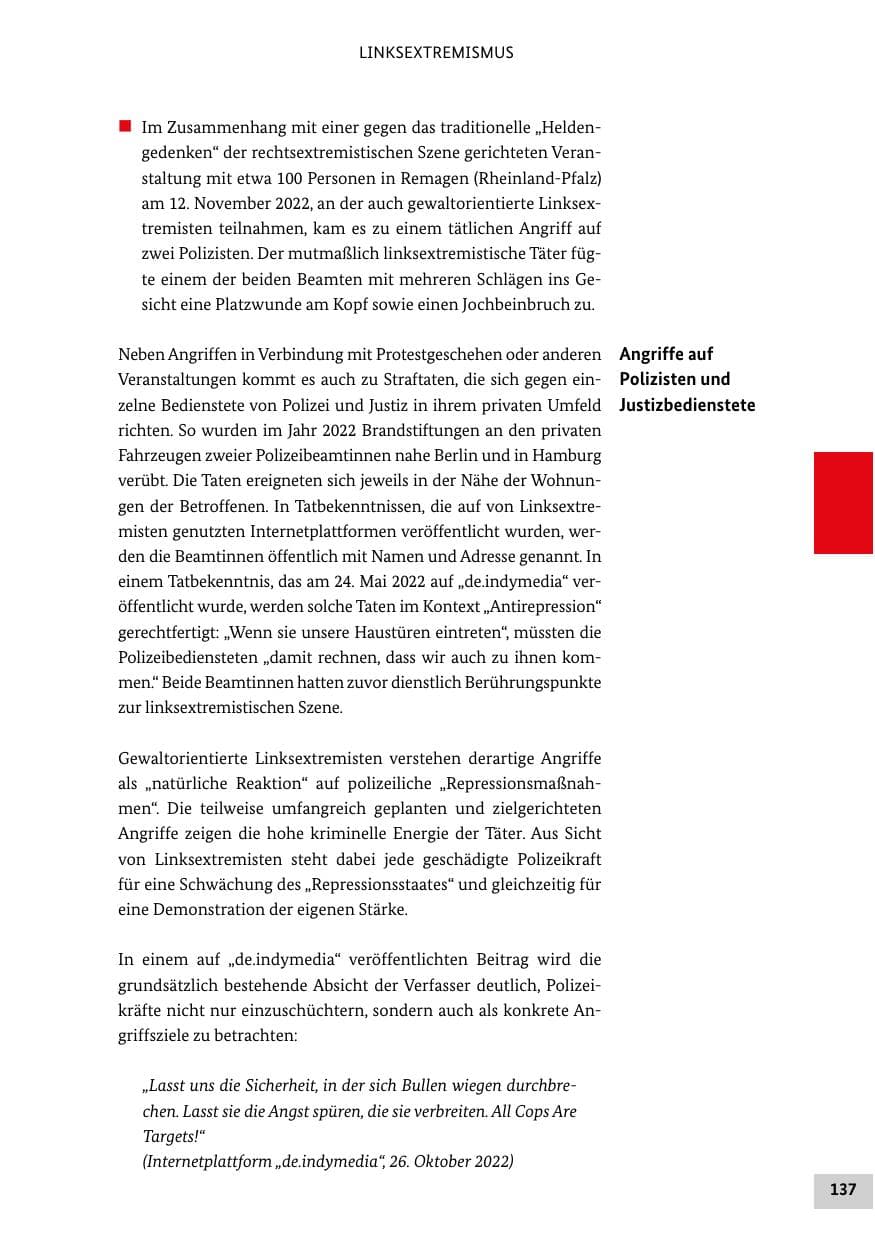 Seite 137 des Verfassungsschutzbericht 2022 Bund