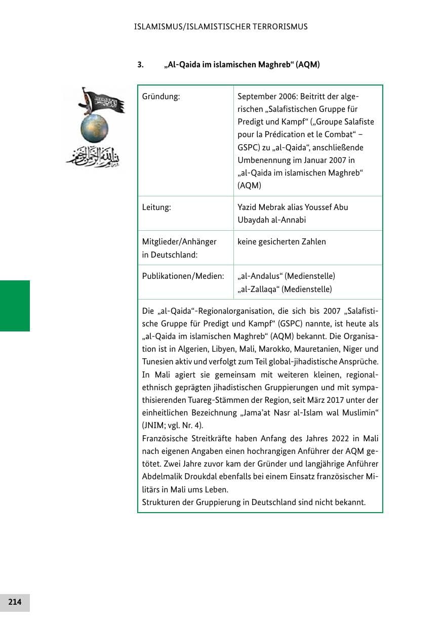 Seite 214 des Verfassungsschutzbericht 2022 Bund