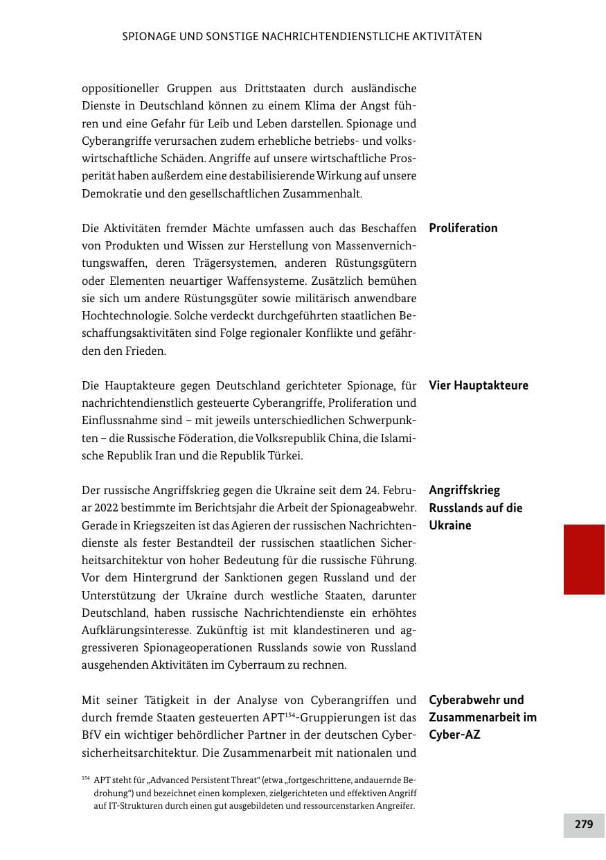 Seite 279 des Verfassungsschutzbericht 2022 Bund