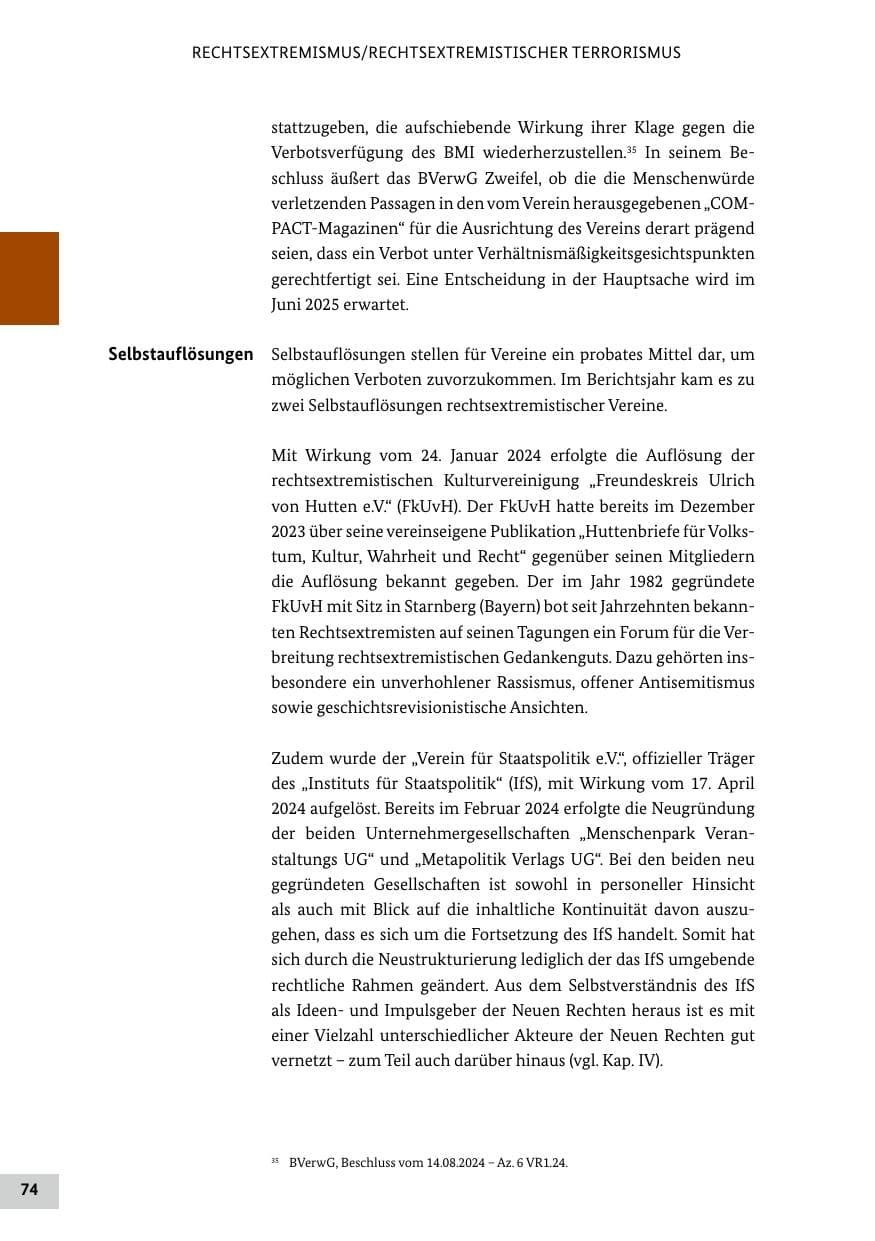 Seite 74 des Verfassungsschutzbericht 2024 Bund