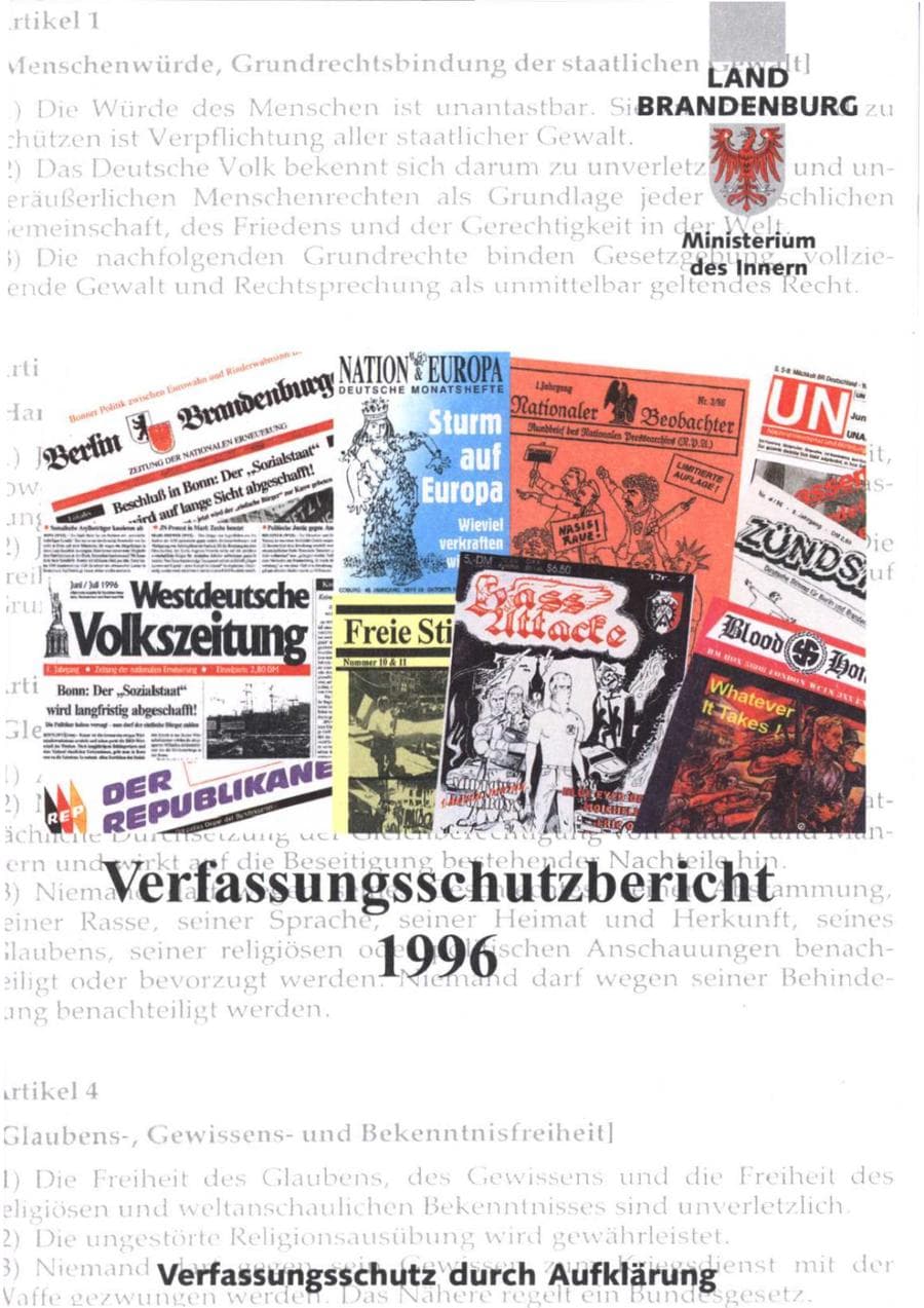 Seite 1 des Verfassungsschutzbericht 1996 Brandenburg