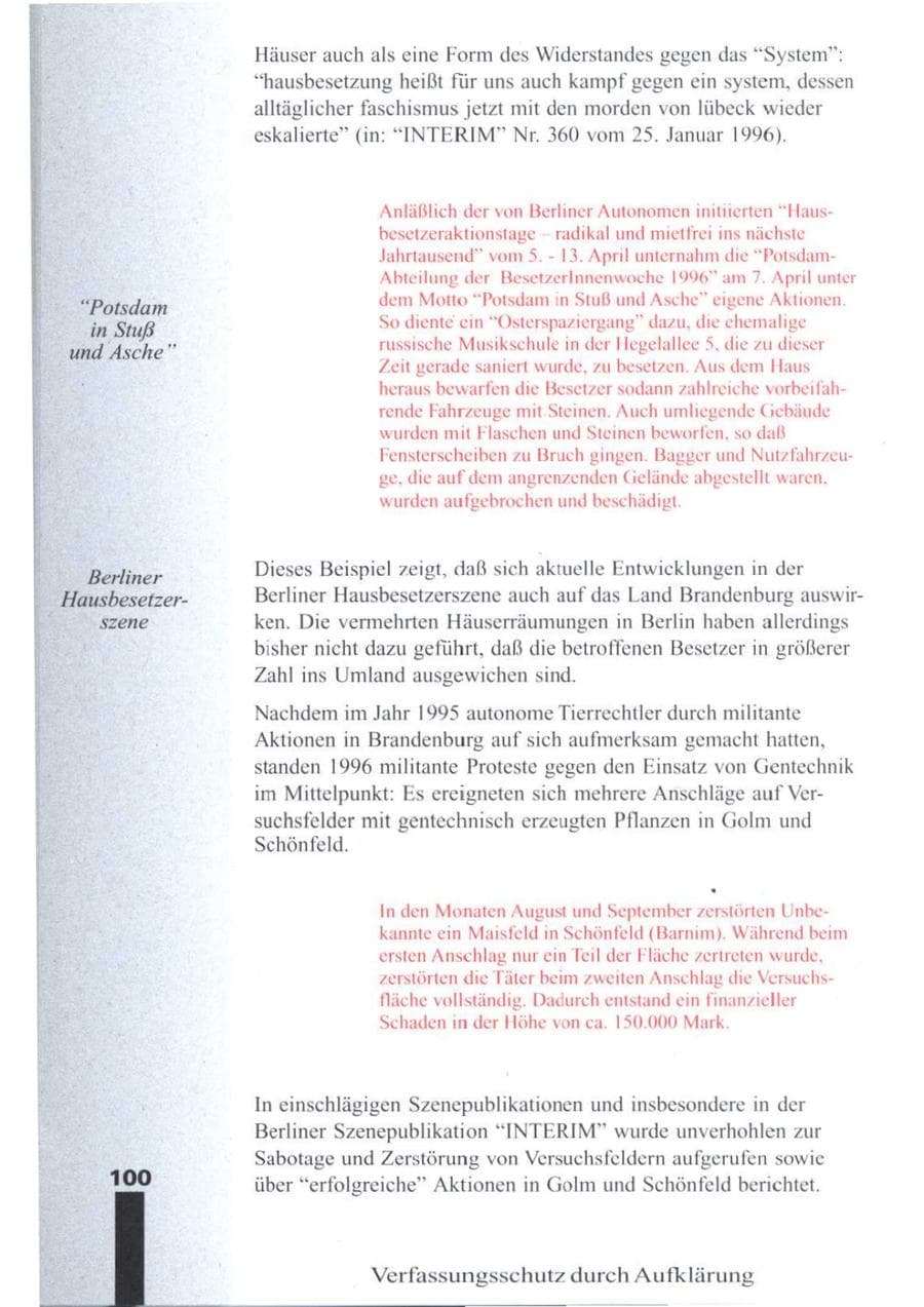 Seite 102 des Verfassungsschutzbericht 1996 Brandenburg