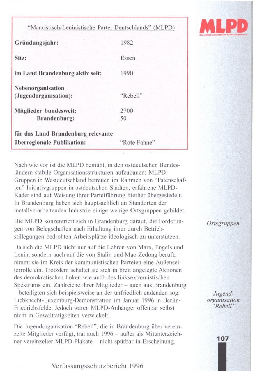 Seite 109 des Verfassungsschutzbericht 1996 Brandenburg
