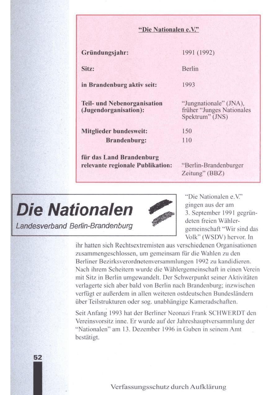 Seite 54 des Verfassungsschutzbericht 1996 Brandenburg