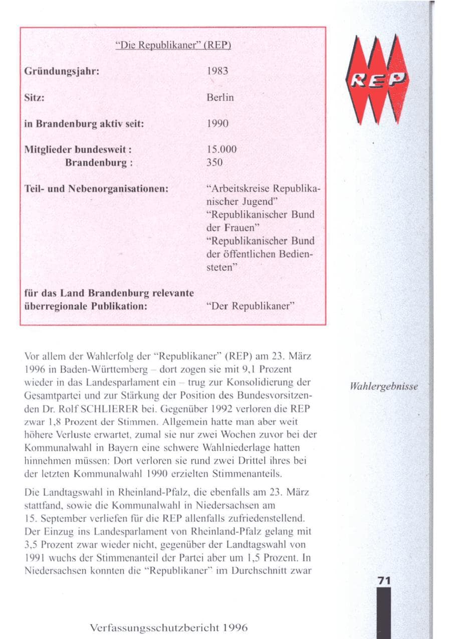 Seite 73 des Verfassungsschutzbericht 1996 Brandenburg