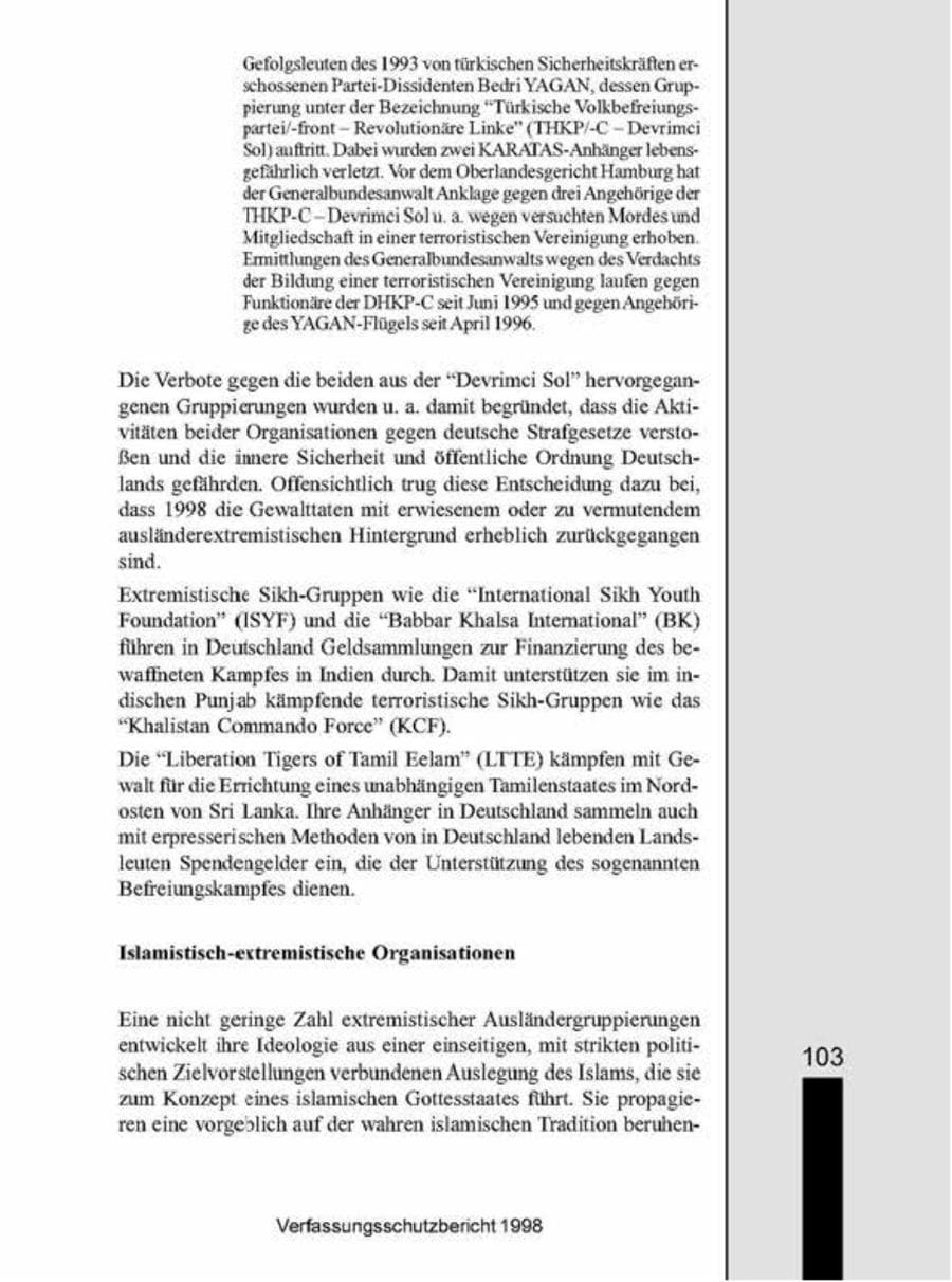 Seite 103 des Verfassungsschutzbericht 1998 Brandenburg