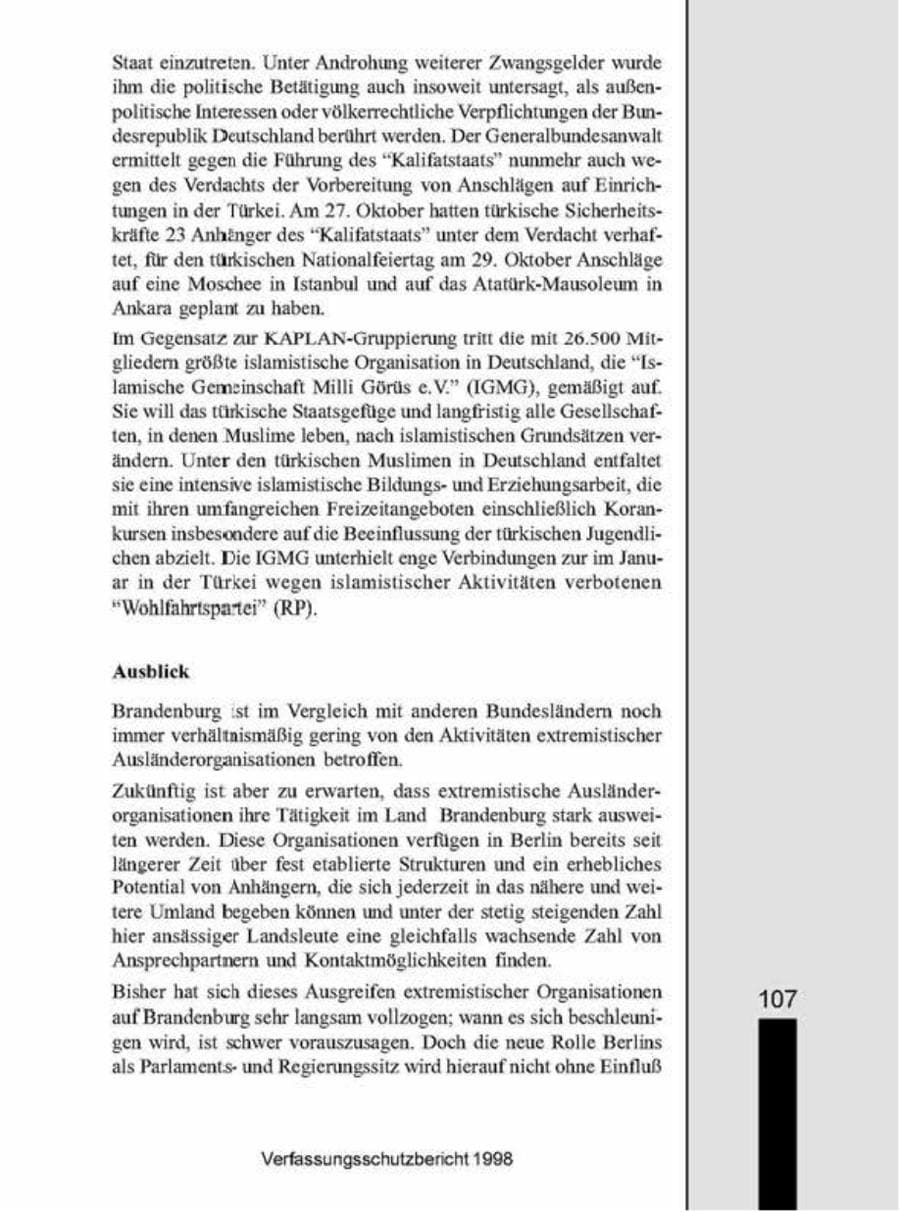 Seite 107 des Verfassungsschutzbericht 1998 Brandenburg