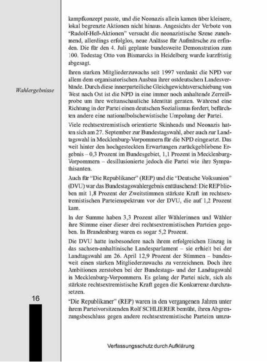 Seite 16 des Verfassungsschutzbericht 1998 Brandenburg